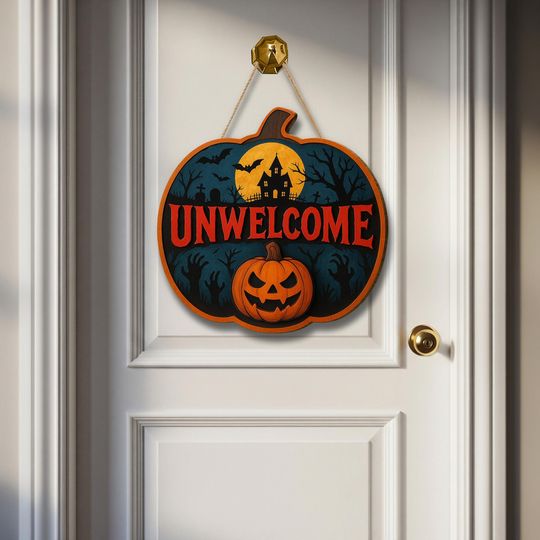 Discover Scary Pumpkin Halloween Door Sign: Haunted House Wood Decor