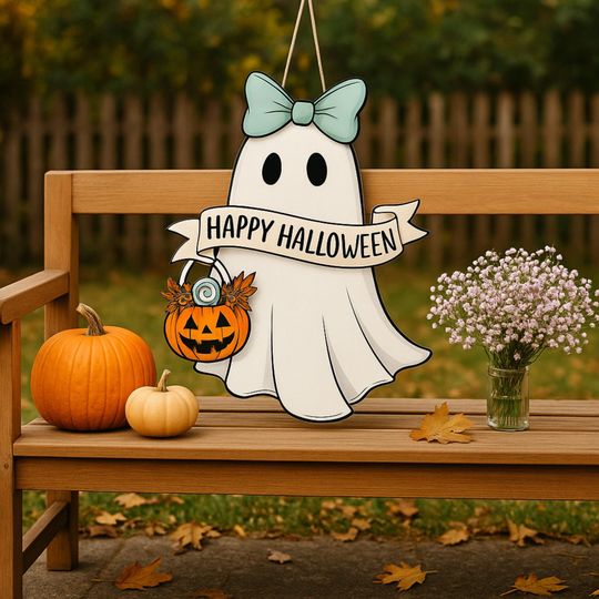 Ghost Door Sign: Spooky Wooden Hanging Sign