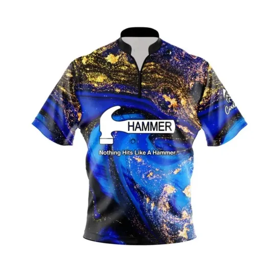 Discover Hammer Blue Gold Liquid Marble Quick Ship CoolWick Sash Zip Bowling Jersey