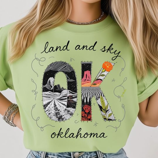 Discover Oklahoma Art T-Shirt, Rustic Patchwork Fabric Design Featuring Land and Sky