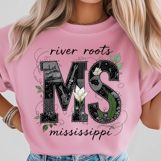 Discover Mississippi Patchwork T-Shirt, river roots rustic artwork with magnolia flower