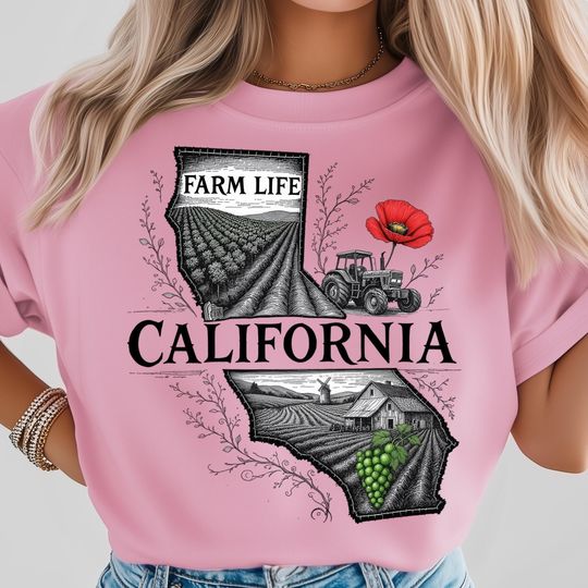 Discover California Farm T-Shirt, vintage rural artwork featuring tractor, grape fields