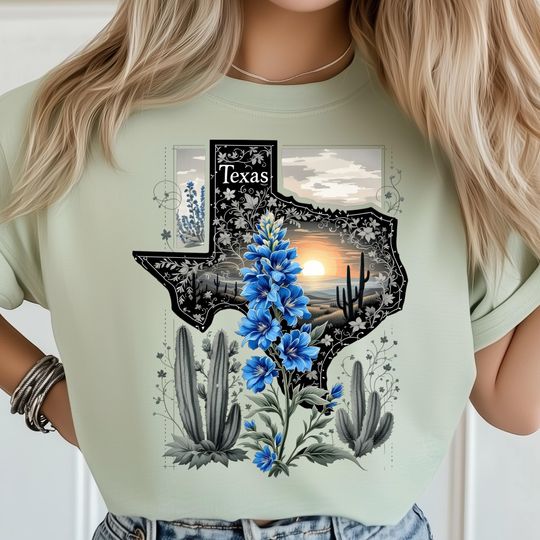 Discover Texas Map T-Shirt, Floral Lace, Blue Wildflower Illustration, Country Sunset View