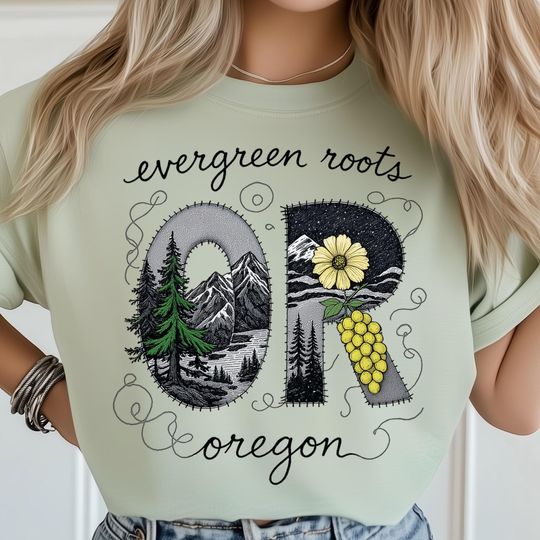 Discover Evergreen Oregon T-Shirt, Stitched Patchwork Mountains Forest and Floral Rustic Nature