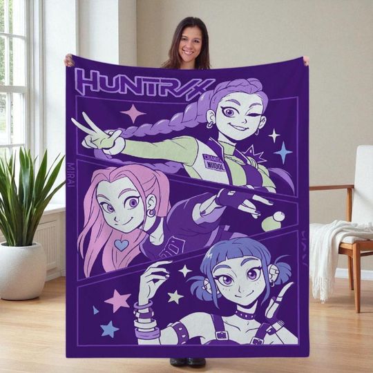Cute Kpop Demon Hunters Blanket, K-Pop Demon Hunters Huntrix Blanket, Kpop Fun Gift, 2025 Anime Flannel Throw, Huntrix Inspired Blanket