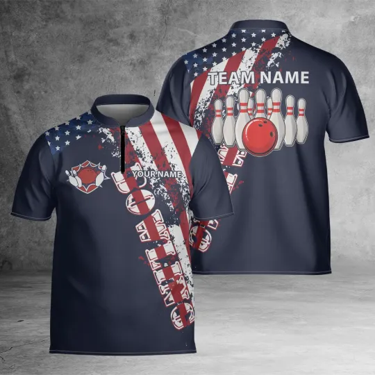 Custom Name Men Bowlers Jersey American Flag, Patriotic Men's Bowling Shirt