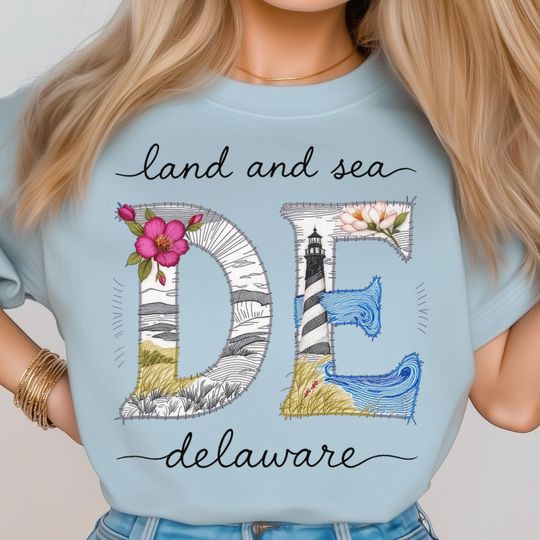 Discover Coastal Delaware T-Shirt, Stitched Lighthouse Ocean Horizon
