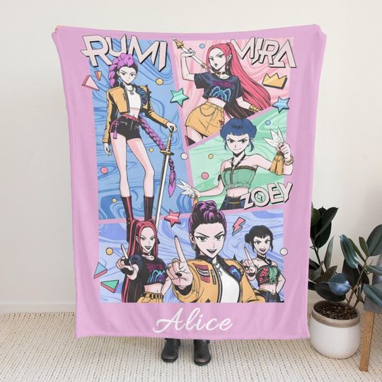Kpop Demon Hunter Blanket with Labubu, Name Anime Girls Throw Blanket, Custom Soft Warm Gift for Huntrix Fans, Custom Huntrix Blanket Throw