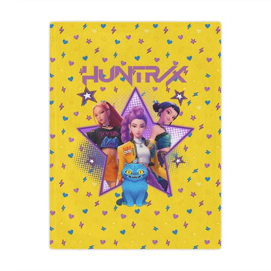 Huntrix K-Pop Demon Hunters Throw Blanket, Yellow Plush Anime Style Kids Teen Couch Bed Throw