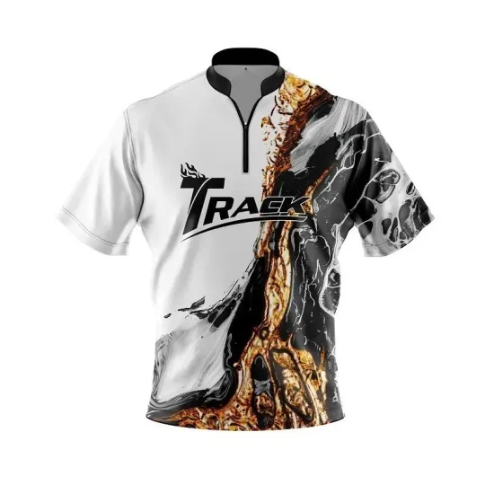 Discover Track Black And Gold Liquid Marble Quick Ship CoolWick Sash Zip Bowling Jersey