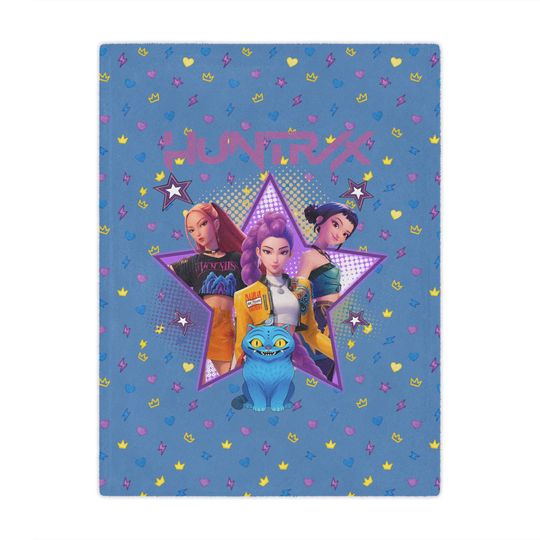 Huntrix K-Pop Demon Hunters Throw Blanket, Blue Plush Anime Style Kids Teen Couch Bed Throw