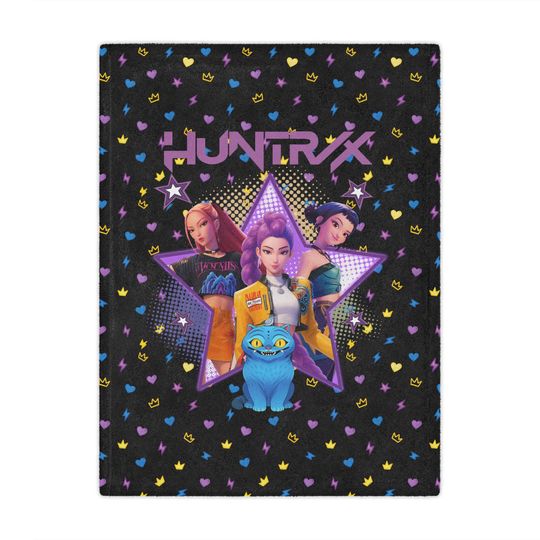 Huntrix K-Pop Demon Hunters Throw Blanket, Black Plush Anime Style Kids Teen Couch Bed Throw