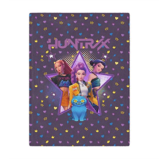 Huntrix K-Pop Demon Hunters Throw Blanket, Purple Plush Anime Style Kids Teen Couch Bed Throw