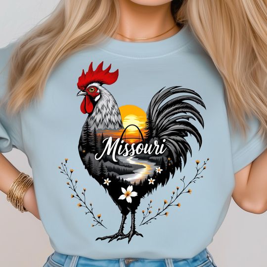 Discover Missouri Rooster T-Shirt Gateway Arch Skyline with Sunset and River