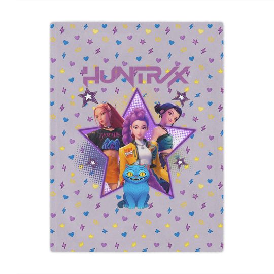 Huntrix K-Pop Demon Hunters Throw Blanket, Grey Plush Anime Style Kids Teen Couch Bed Throw