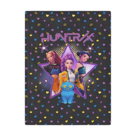 Huntrix K-Pop Demon Hunters Throw Blanket, Charcoal Plush Anime Style Kids Teen Couch Bed Throw