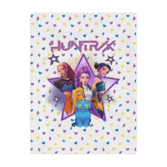 Huntrix K-Pop Demon Hunters Throw Blanket, White Plush Anime Style Kids Teen Couch Bed Throw