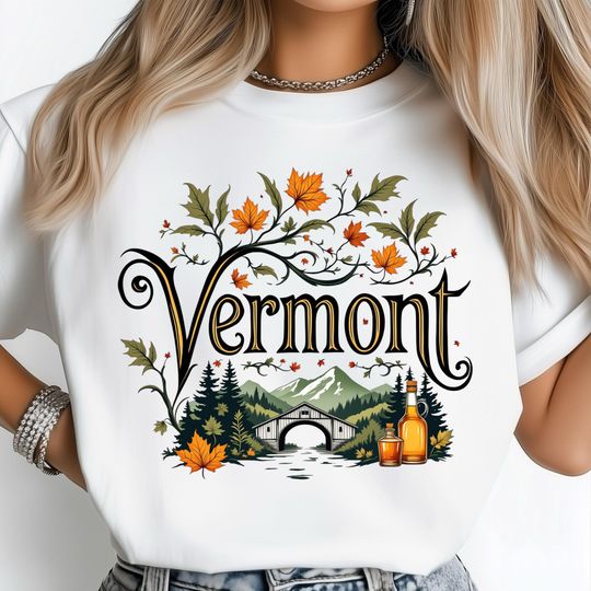 Discover Vermont T-Shirt, Autumn Foliage Clipart, Covered Bridge Art