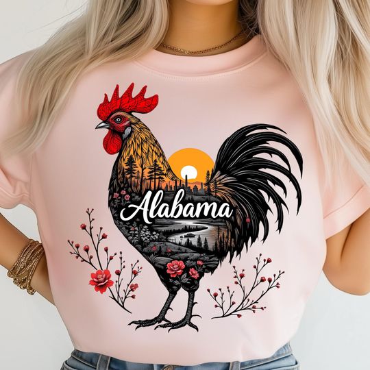 Discover Albm State Art T-Shirt, Rooster with Sunrise Skyline