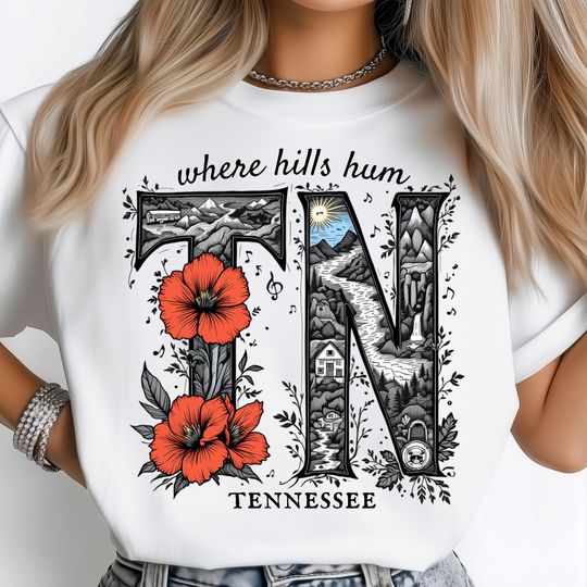 Discover Tennessee Rustic T-Shirt, Handcrafted Mountain Nature with Red Floral State Initials