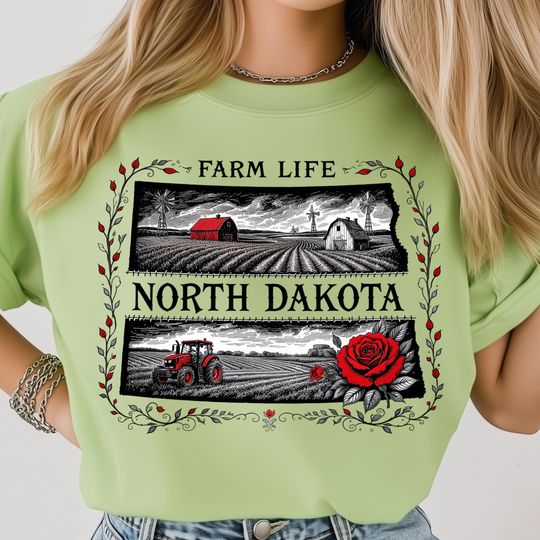 Discover North Dakota Farm T-Shirt, Rustic Red Barn Tractor and Wheat Field Illustration