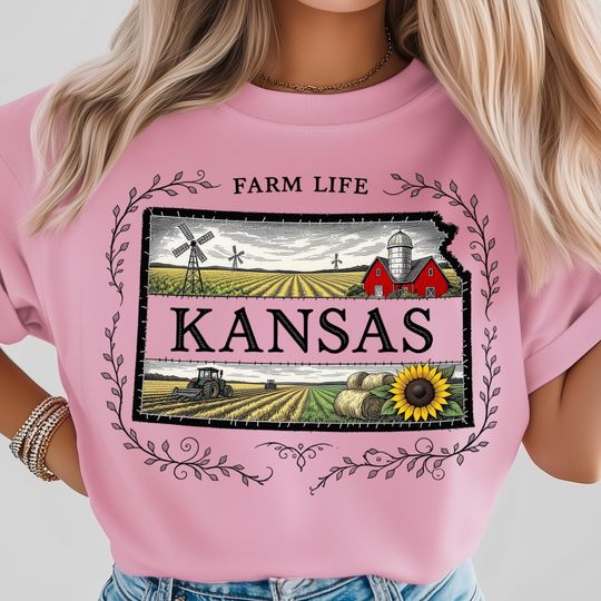 Discover Kansas Farm T-Shirt, Countryside Red Barn Tractor Field and Sunflower Bloom