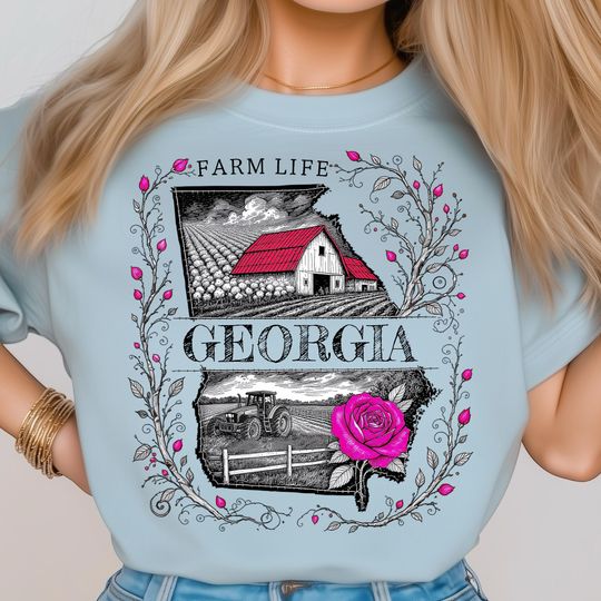 Discover Georgia Farm T-Shirt, Countryside Cotton Fields with Barn Tractor and Fence