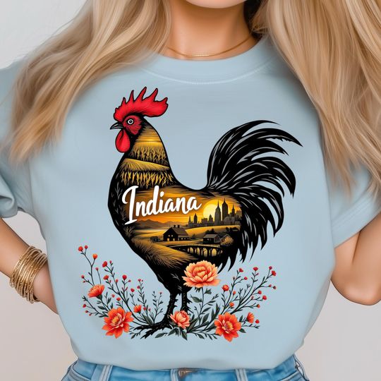 Discover Indiana Sublimation T-Shirt, Farm Rooster Golden Wheat and Red Flowers