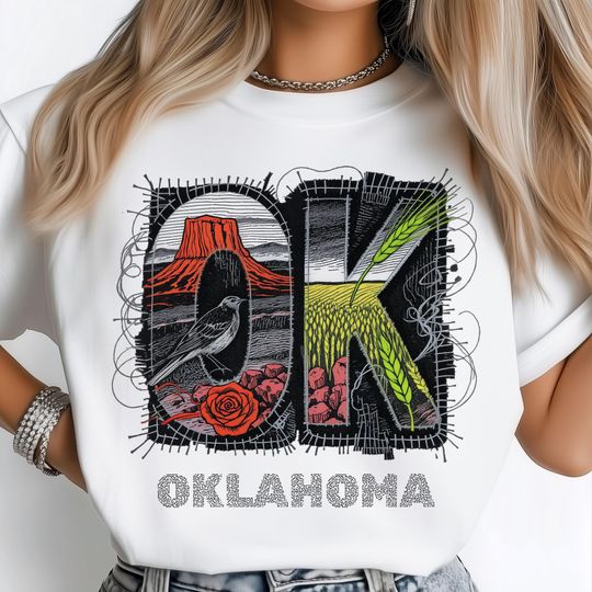 Discover Oklahoma Landscape T-Shirt Desert Mesa Scissor Tail Bird and Wheat Field