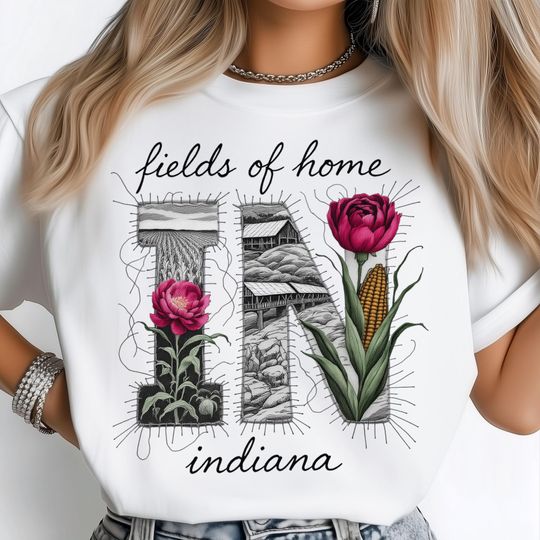 Discover Indiana Countryside T-Shirt, Peony Corn Barn Stitched Letter Design