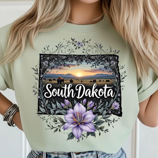 Discover South Dakota Buffalo T-Shirt, Prairie Land Sunset with Purple Floral Frame