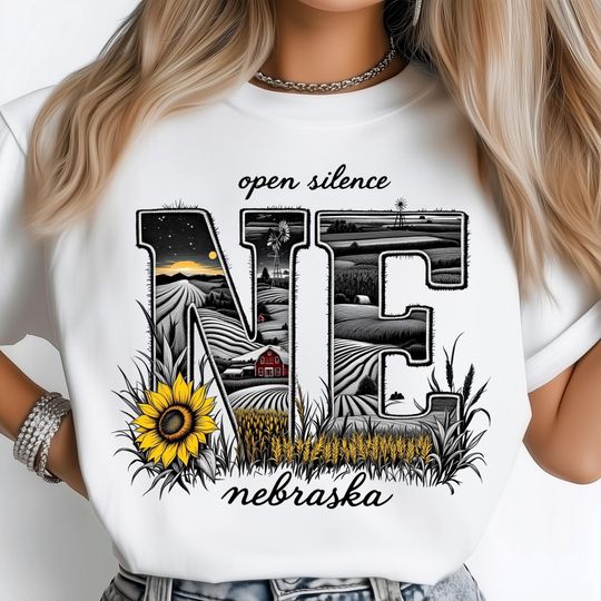 Discover Nebraska State Letters T-Shirt, NE Farm Landscape with Sunflower, Countryside Barn