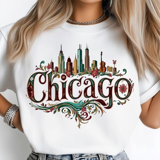 Discover Chicago Art Png, City Skyline Clipart, Folk Lettering Print, Windy City Poster Design, Digital Travel Gift, Sublimation Designs