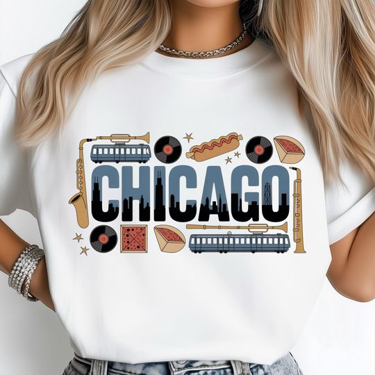 Discover Retro Chicago City PNG, Urban Skyline with Jazz Music, Street Food and Subway Icons, Perfect for Posters, Sweatshirts and Chicago Gifts