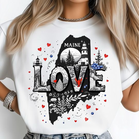 Discover Love Maine T-Shirt, Floral Maine Design, Lighthouse Art, Scenic State T-Shirt