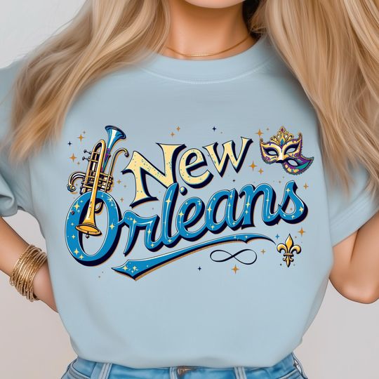 Discover New Orleans Art T-Shirt, Mardi Gras Vibes, Jazz Trumpet Clipart, Carnival Mask Design