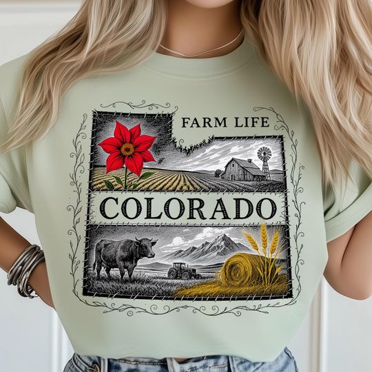 Discover Colorado Farm Life T-Shirt, Rustic Barn Tractor and Cow, Wheat Hay Bale