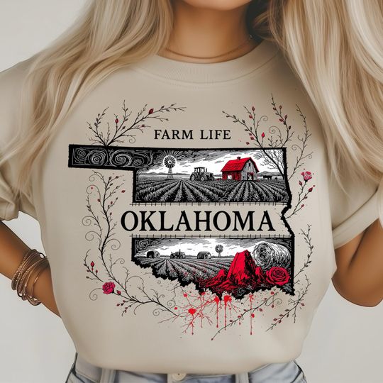 Discover Oklahoma Farm Life T-Shirt, Rustic Tractor Barn Countryside, Hay Bale Windmill Scene