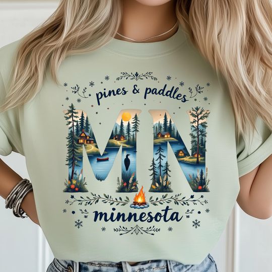 Discover Minnesota T-Shirt, Lake Canoe and Campfire Art, Pines and Paddles Scene