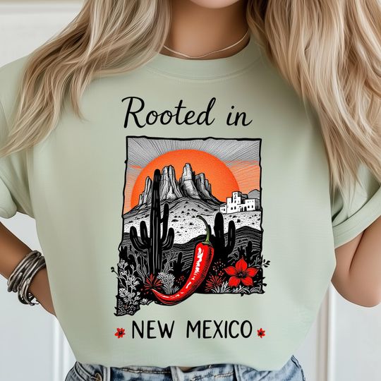 Discover Rooted in New Mexico PNG, Chili Pepper and Desert Sunset Scene with Cactus, Vintage State Poster, New Mexico Shirt Design, USA Travel Art