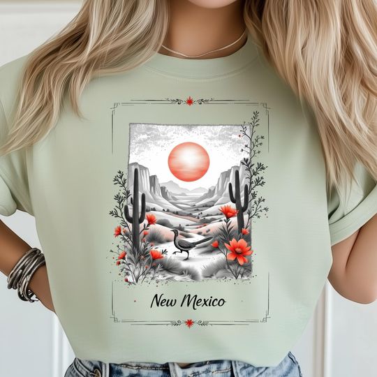 Discover New Mexico PNG, Southwest Desert Scene, Roadrunner Artwork, Cactus Sunset Print, Red Desert Flower Art, New Mexico State Poster