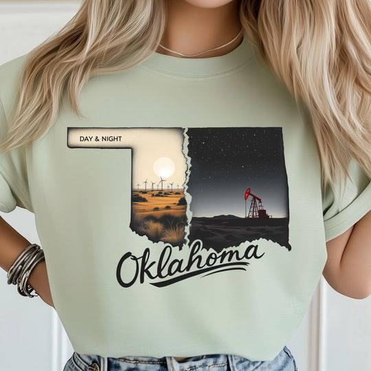 Discover Oklahoma Day And Night PNG, Scenic Desert Oil Pump Art, Wind Turbine Posters, State Landscape, USA State Shirt Design