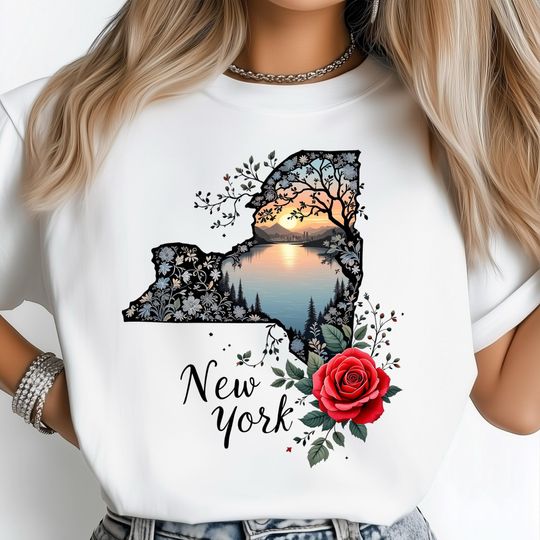 Discover New York Map T-Shirt, Floral Lace T-Shirt, NYC Skyline Reflected in Lake