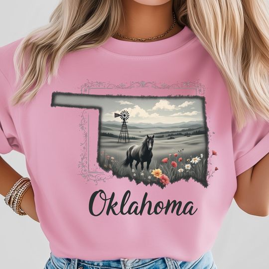 Discover Oklahoma Map T-Shirt, Horse Farm Landscape Design, Oklahoma Nature State T-Shirt