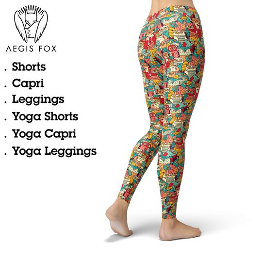 Discover Hand Drawn Owl Print Leggings: Colorful Yoga Pants, Activewear
