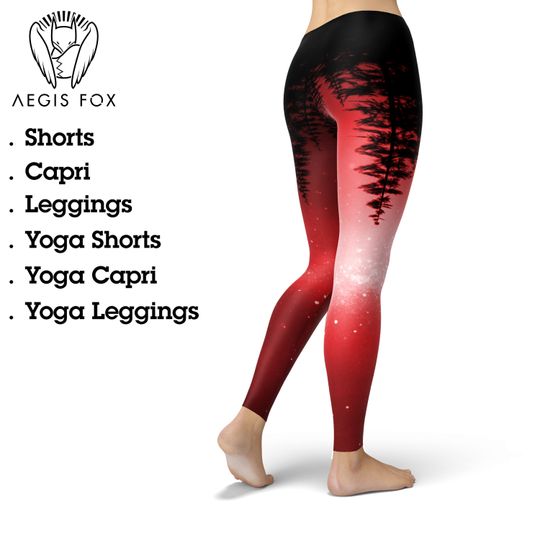 Discover Mystic Forest Red Leggings: Nature Sunset Yoga Pants