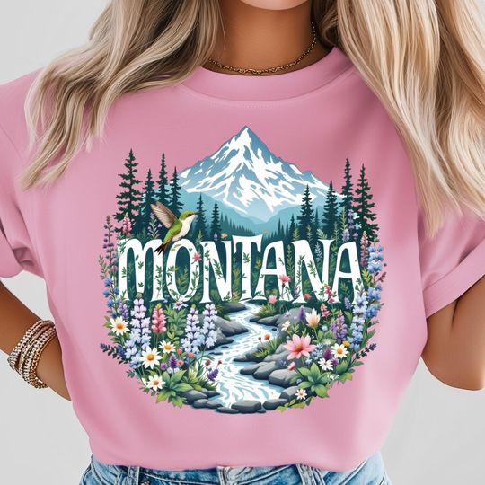 Discover Montana Wildflower Png, Mountain Nature Shirt, Scenic Stream Poster, Western State Gift, Forest Art Print