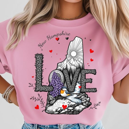 Discover New Hampshire Love PNG, Lilac Flower State Art with Bird and Mountain Scene, Forest Sublimation Design, USA State Shirt Design