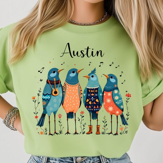 Discover Austin Texas PNG, Music City Birds Artwork, Taco Guitar Fun Design, Floral Cute Birds Sublimation, USA State Shirt Design