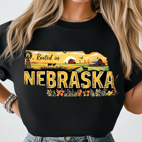 Discover Rooted In Nebraska PNG, Midwest Farm Countryside Scene, Scenic State Pride, USA Travel Poster, Agriculture Landscape, Rural Tractor Artwork